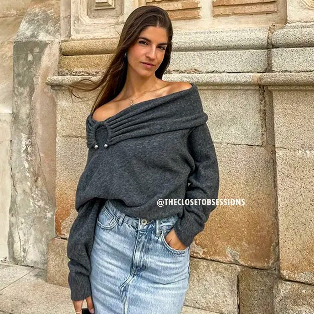 ZARA Bardot Off Shoulder Knit Sweater NWT Gray Foldover Neck Pearl Detail M - Picture 5 of 16